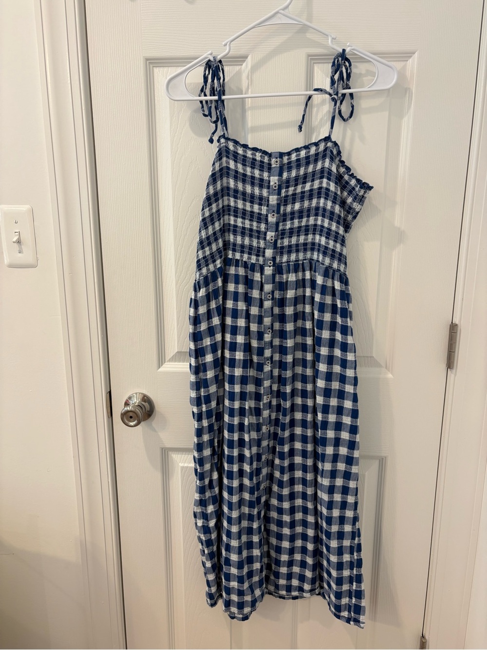 aerie Blue and White Gingham Midi Dress with Tie Straps